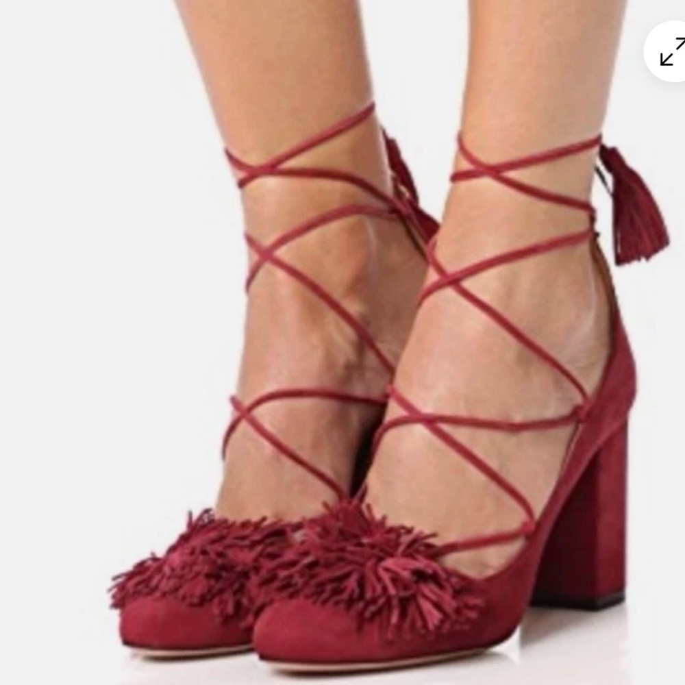 Aquazzura Burgundy Tassel Lace-Up Heels
